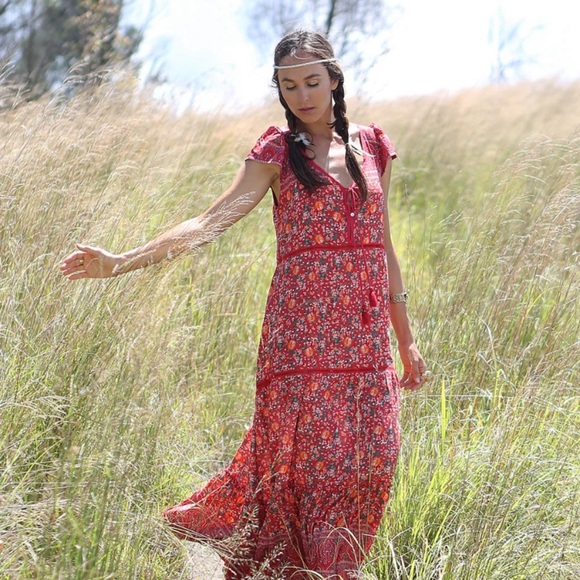 Tulle & Batiste Bohemian gypsy Floral MAXI DRESS - RED size Small Gorgeo… - Picture 2 of 10